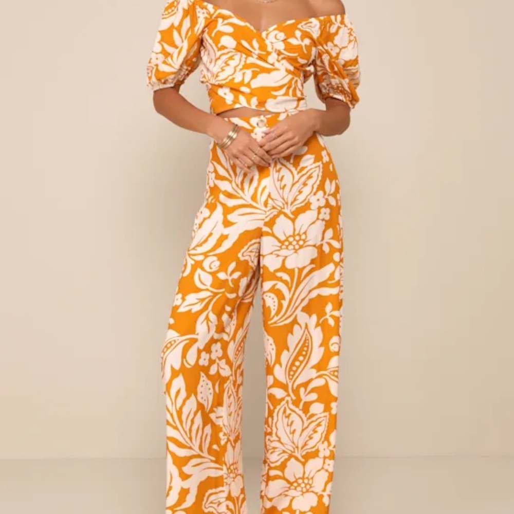Lulus Double the Charm Orange Floral Tropical High-Rise Straight Leg Pants NWT